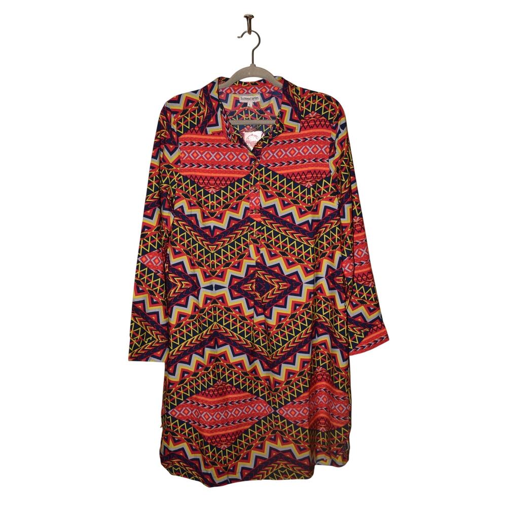 BUCKHEAD BETTIES NEW $75 Azteca Turner Collared Shirt Dress Red‎ Navy Yellow L